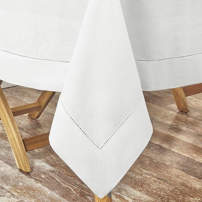 D'Moksha Homes White Linen Tablecloth for Rectangle Tables 60 x 90 Inch - 100% Pure Linen White Table Cloth - Classic Hemstitch, Machine Washable Tablecloth for Valentines, Spring, Easter