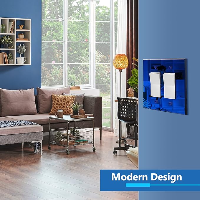 LIDER Double Decorator Wall Plate, Impact Resistant, Mirrored, Plexiglass Dual Outlet Cover or Light Switch Cover, Acrylic, Reflective Finish, Modern, Oversized 2-Gang 5.25" x 5.25", Blue, 5 Pack