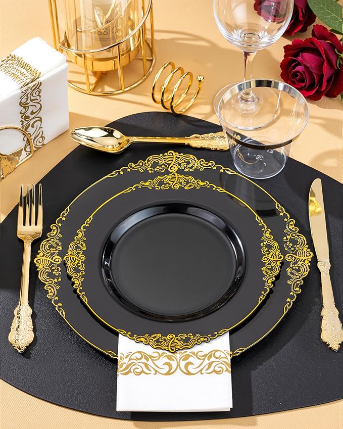 Nervure 350PCS Black Plastic Plates - Black Plastic Dinnerware Sets for 50 Guests - 100 Disposable Plates, 150 Gold Silverware, 50 Cups, 50 Napkins for Wedding & Party & New Year