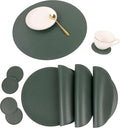 Set of 6 Faux Leather Round Placemats and Coasters, Disko Table Mats and Drink Spills Coasters, Easy to Clean, Double Stitched for Kitchen Dining Table, Diameter 13'' and 3.9''