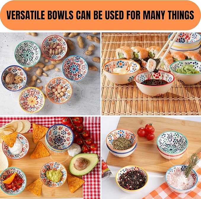 BCS Ceramic Salsa Bowls Set of 6 Small Pinch Bowls for Dipping, Cooking Prep & Charcuterie Board, Soy Sauce Dish, Multicolor Handmade Decorative Mini Serving Dishes Dishwasher Safe (3.2''-3 oz)