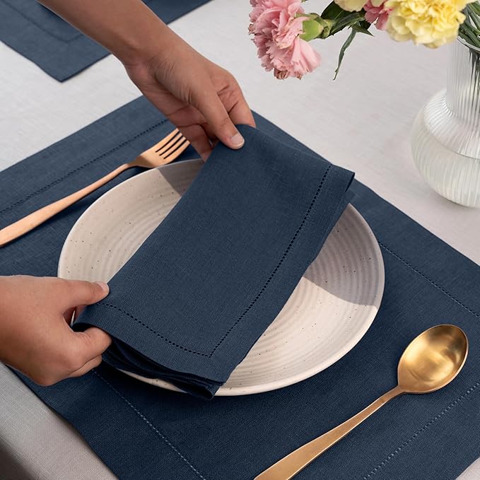 D'Moksha Homes Navy Blue Linen Napkins Set of 4 - Classic Hemstitch 100% Pure Linen Hemstitch Dinner Napkins 20 x 20 Inch for Easter - Handcrafted and Machine Washable