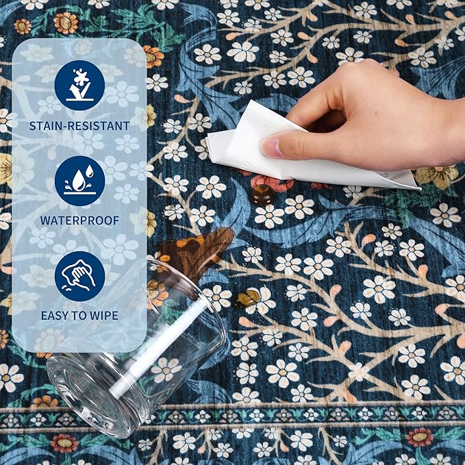 GarveeHome Floral Entryway Rug, 2x3 Washable Front Door Entry Throw Rugs Indoor, Non Slip Bathroom Small Rugs, Boho Thin Rug for Kitchen, Soft Carpet Mat for Bedroom Bathroom, Dark Blue