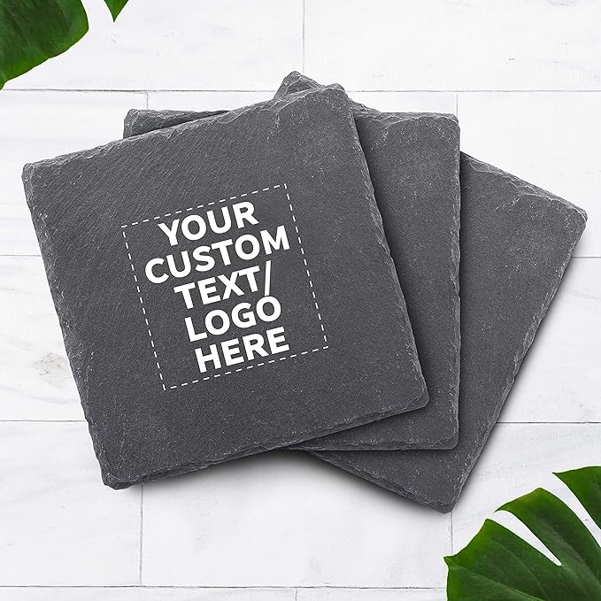 Custom Sohag Square Slate Coasters Set of 10, Personalized Bulk Pack - Table Decor, Kitchen Decor, Wedding Favors - Black