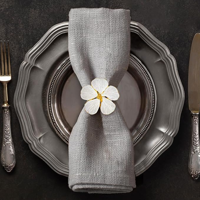 Decozen White Gold Napkin Rings Set of 8 White Gold Napkin Rings in Floral Design Festive Table Decor Setting for Holiday Wedding Birthday Kitchen Home Decor Housewarming Gift