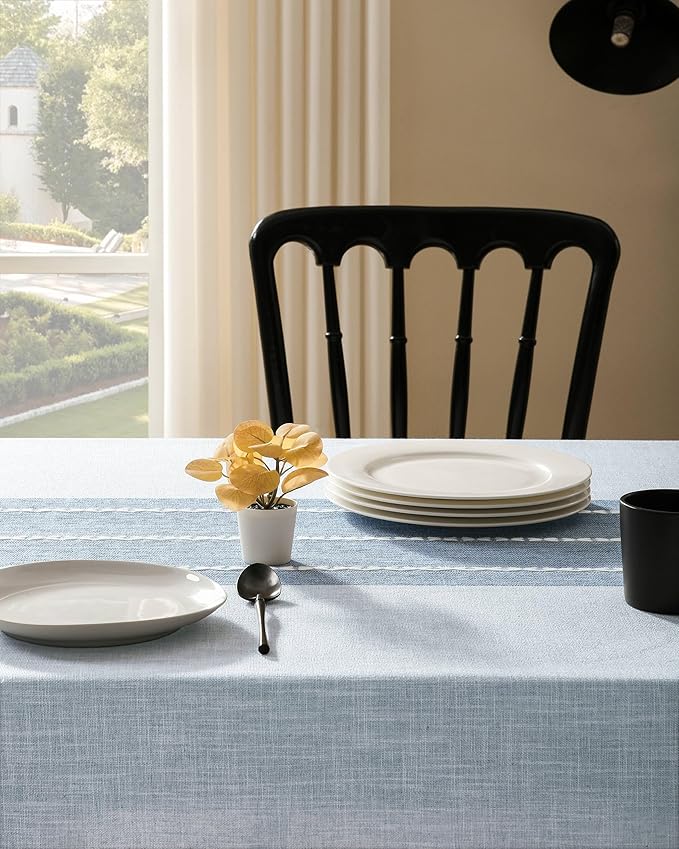 ZeeMart Contrast Linen Table Cloth Rectangle Table Cloths 52x70 Inch Blue, Farmhouse Style Heavy Weight Blue Tablecloth, Water Resistant Burlap Tablecloths