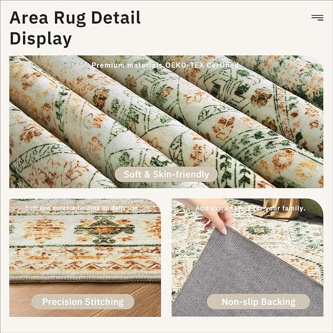 Washable Area Rug 8x10, Large Soft Rugs for Living Room Green Yellow Carpet 8x10 Area Rugs for Bedroom Dining Room Non-Slip Stain Resistant Rug