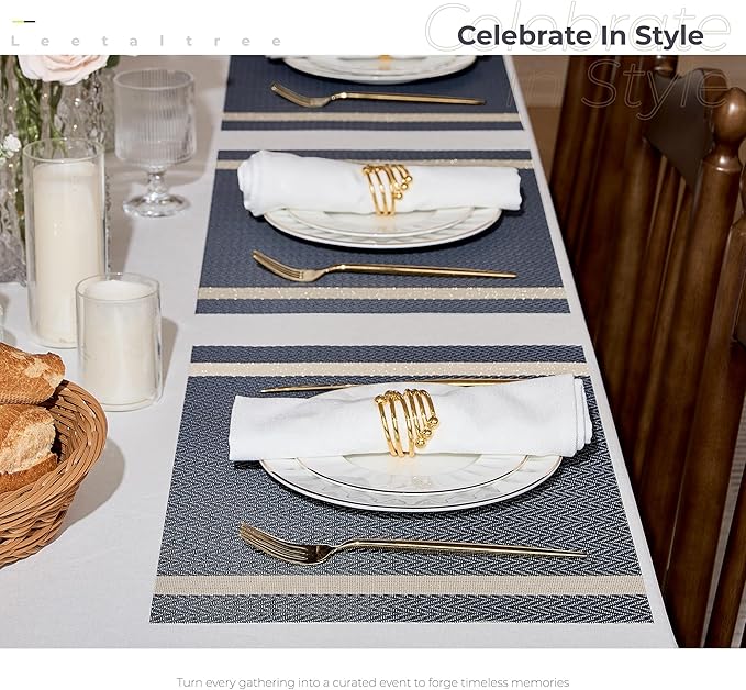 Leetaltree Luxury Dark Blue Placemats with Gold Stripes Placemats Set of 12 - Waterproof Washable for Wedding, Anniversary, Daily Use - Sparkling Table Decor - Hand-Cut