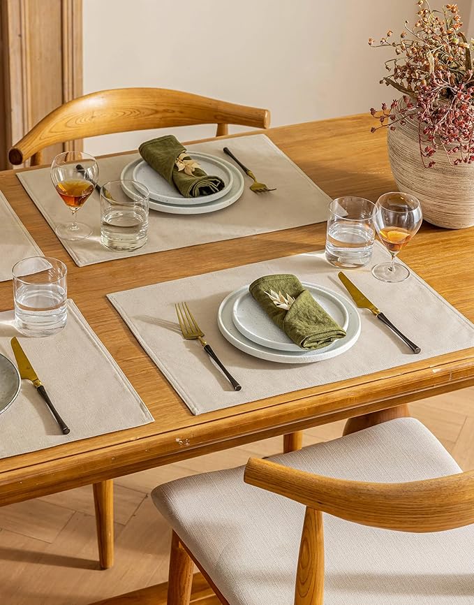 Linen Table Placemats Set of 12 Washable Neutral Beige Dinner Table Mats Modern Farmhouse Rustic Dining Room Decor Heat Resistant Water Repellent 12x18 Inch