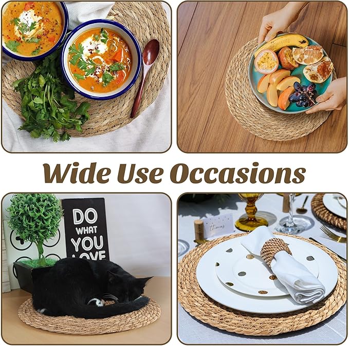 Kochorie Set of 12 Round Woven Placemats 15 Inch Bulrush Placemats Natural Handwoven Boho Rattan Wicker Table Mats for Farmhouse & Home Dining