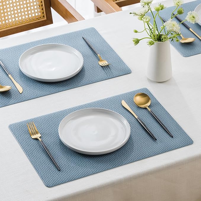 Jovono Faux Leather Placemats Set of 4, Waterproof Washable Table Mats, Easy-Clean Heat Resistant Kitchen Vinyl Place Mat for Dining Table, Restaurant, Indoor, 17.8"x11.8", Light Blue
