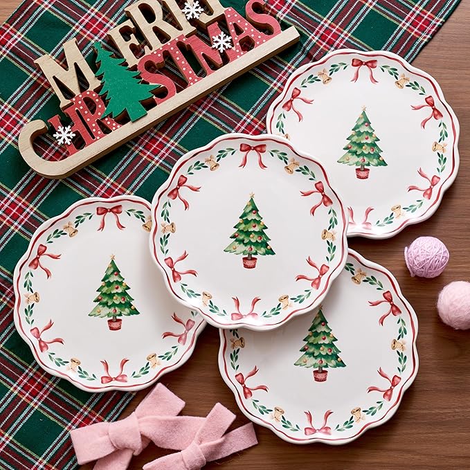 Bico Ribbon Christmas Scalloped Salad Plates Set of 4, 8.75 Inch Ceramic Dessert Plates for Salad, Appetizer, Side Dishes, Microwave and Dishwasher Safe, Gift for Housewarming and Christmas