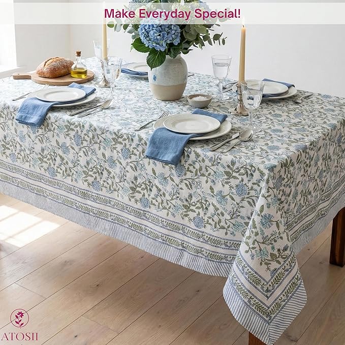 ATOSII Mahoka Blue 100% Cotton Fall Tablecloth, Handblock Floral Linen Table Cloth for Kitchen Dining Table I Parties Weddings Outdoors Easter Valentine's Gift I 60 X 90 Inches I 6 Seater