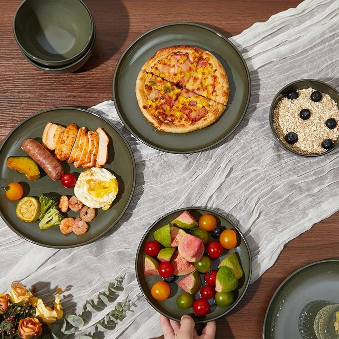 24 Piece Dinnerware Set for 8, Santorini Mist Terracotta Plates and Bowls Sets, Complete Stoneware Dish Set for Large Families and Entertaining, Microwave & Dishwasher Safe, Blackish Green