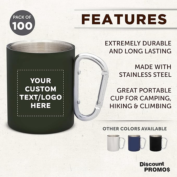 Custom Stainless Steel Mugs with Carabiner Handle 10 oz. Set of 100, Personalized Bulk Pack - Perfect for Coffee, Soda, Other Hot & Cold Beverages - Army Green