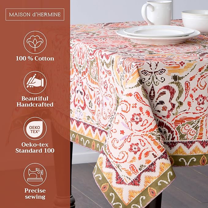 Maison d' Hermine Table Cloth Rectangle Table 100% Cotton 60 x 108 Inches Fall Tablecloth Reusable Everyday Use for Thanksgiving Christmas Decorations Dining Farmhouse Party (Damask)