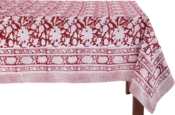 ATOSII Meraki Red 100% Cotton Tablecloth, Handblock Print Rectangle Table Cover for Kitchen Dining I Tabletop Linen I Thanksgiving, Christmas, Wedding, Fall Table Cloth 72 X 140 Inches I 12 Seater