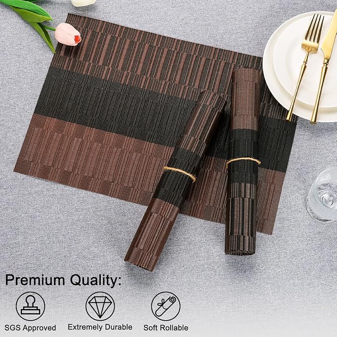Placemats Set of 8, Vinyl Woven Place Mats Indoor Set of 8 Washable Wipeable PVC Table Mats Heat-Resistant Non Slip Plastic Placemat for Kitchen Dining Outdoor Table (Black Brown, Set of 8)