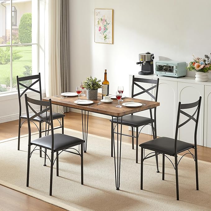 VECELO Dining Table Set for 4, Kitchen Table Set with 4 Chairs for Small Space, Space-Saving and Modern Design, Apartment, Easy to Assemble,Brown
