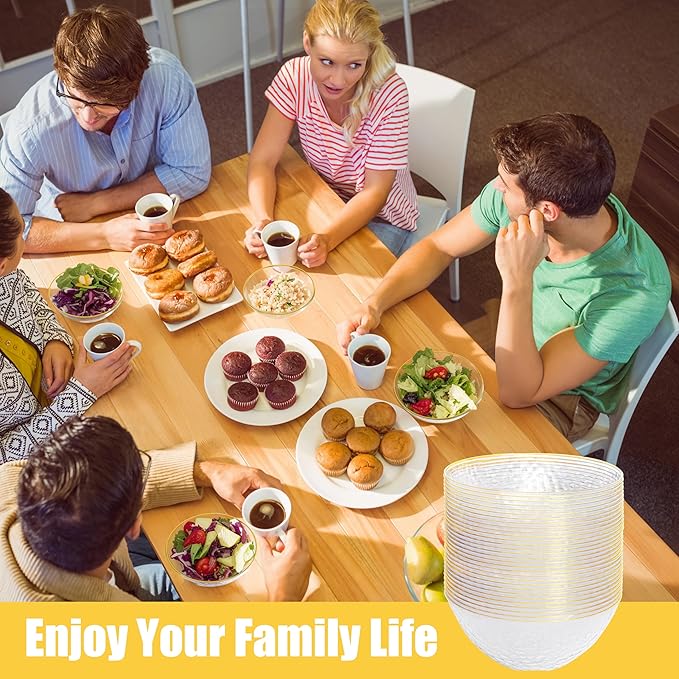 Rubtlamp 30 Pack Clear Disposable Bowls, Clear Plastic Bowls with Gold Rim, 12-16oz Premium Heavy Duty Plastic soup Bowls for Party, Wedding and Holiday