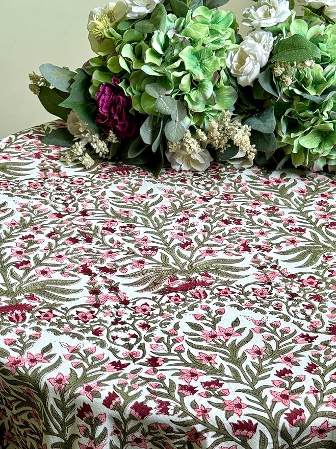 ATOSII Nargis Pink 100% Cotton Round Block Print Summer Tablecloth, Floral Table Cloth Linen for Dining Parties Weddings Outdoors Holidays I 60" Inches Round, 4 Seater I Grandmillennial Farmhouse Boho
