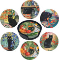 Cat Coasters Leather Round Drink Coasters 6 Pcs Set with Holderor for Cup Drink Coffee Table Bar Home Decor