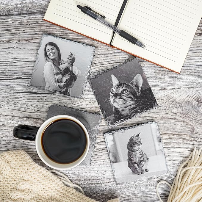 Blue Ridge Mountain Gifts - Set of 4 Custom Pet Coasters Printed with Photos of Your Cat, Memorial Gift for Cat Lovers, Square Ceramic Coaster for Pet Owners