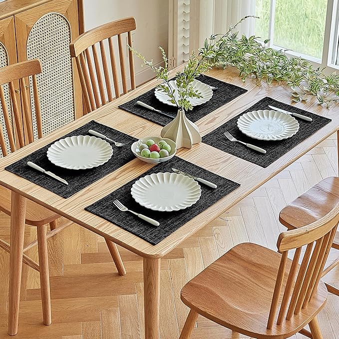 Softalker Faux Linen Placemats Set of 4-12 x 18 Inch, Heat Resistant Double Layered Durable Burlap Farmhouse Place Mats, Non-Slip Washable Rustic Table Mats for Dining, Kitchen, Party（Black
