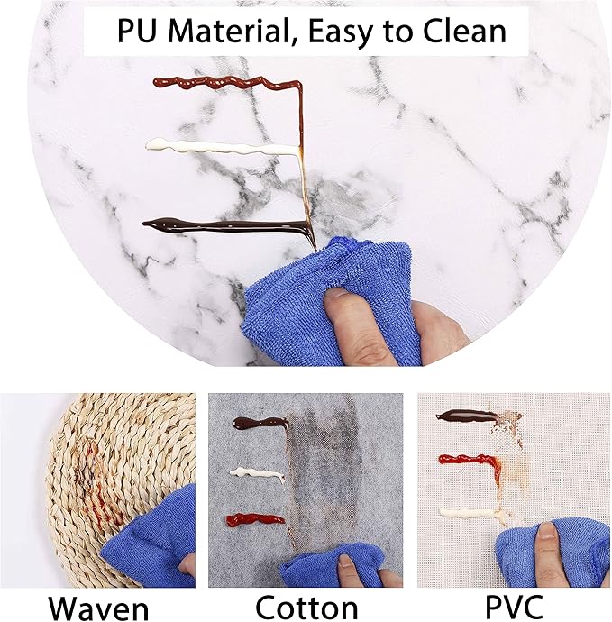 Set of 6 Marble Round Placemats and Coasters, Faux Leather Waterproof Table Mats, Easy to Wipe Off for Kitchen Dining Round Table