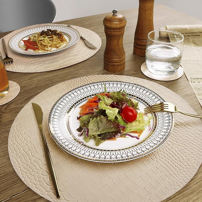 Jovono Round Leather Placemats for Round Tables Set of 8, Beige Place Mats and Coasters, Wipeable Waterproof Heat Resistant Table Mats Easy to Care for Indoor Decor 14 inch Diameter