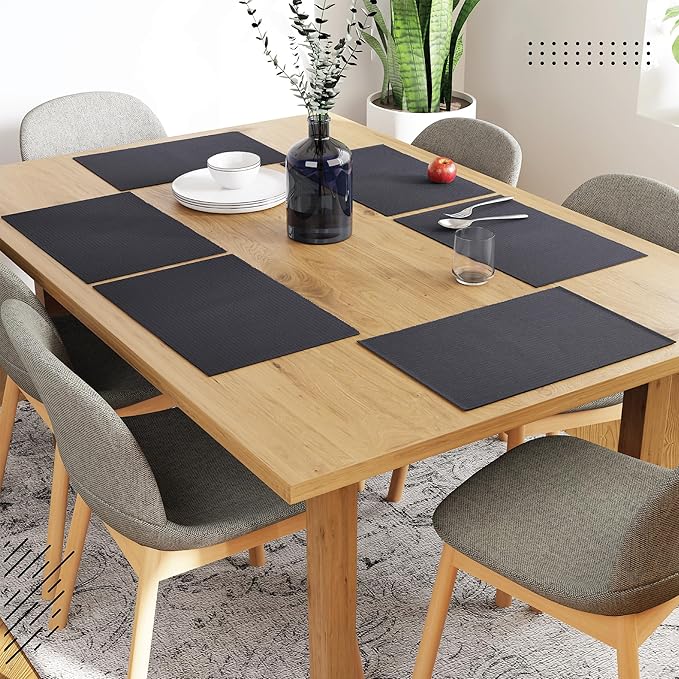 Encasa XO Dining Placemat Set of 6 | Solid Grey Color | Fine Ribbed Cotton Table mat | Size 19x13 in | Machine Washable
