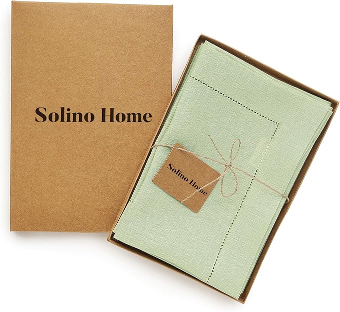 Solino Home Linen Napkins Set of 4 - Classic Hemstitch 100% Pure Linen Sage Green Dinner Napkins Cloth 20 x 20 Inch for Winter, Spring, Easter, St Patricks Day - Handcrafted and Machine Washable