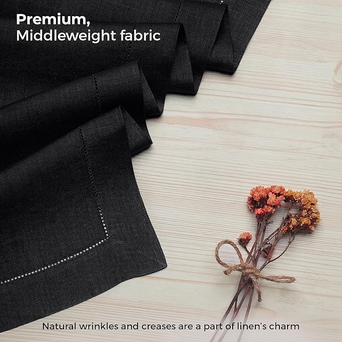 D'Moksha Homes Linen Black Table Runner 90 Inches Long - Classic Hemstitch 100% Pure Linen Dining Table Runner 14 x 90 Inch for Spring, Easter