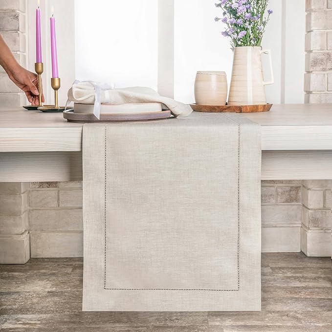 D'Moksha Homes Linen Light Natural Table Runner 90 Inches Long - Classic Hemstitch 100% Pure Linen Dining Table Runner 14 x 90 Inch for Valentines, Spring, Easter