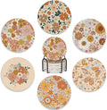 6 Pcs Coasters for Drinks with Holder,Retro 70s 60s Floral Hippie Flowers Absorbent Coaster with Cork Backing,Great Gift for Housewarming,Room Decor,Bar,Holiday Party