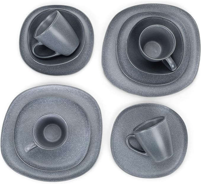 Elanze Designs 16-Piece Modern Luxury Chic Smooth Vintage Handmade Shape Matte Finish Ceramic Stoneware Square Plate Mug & Bowl Kitchen Dinnerware 16 Piece Set - Service for 4, Dove Grey