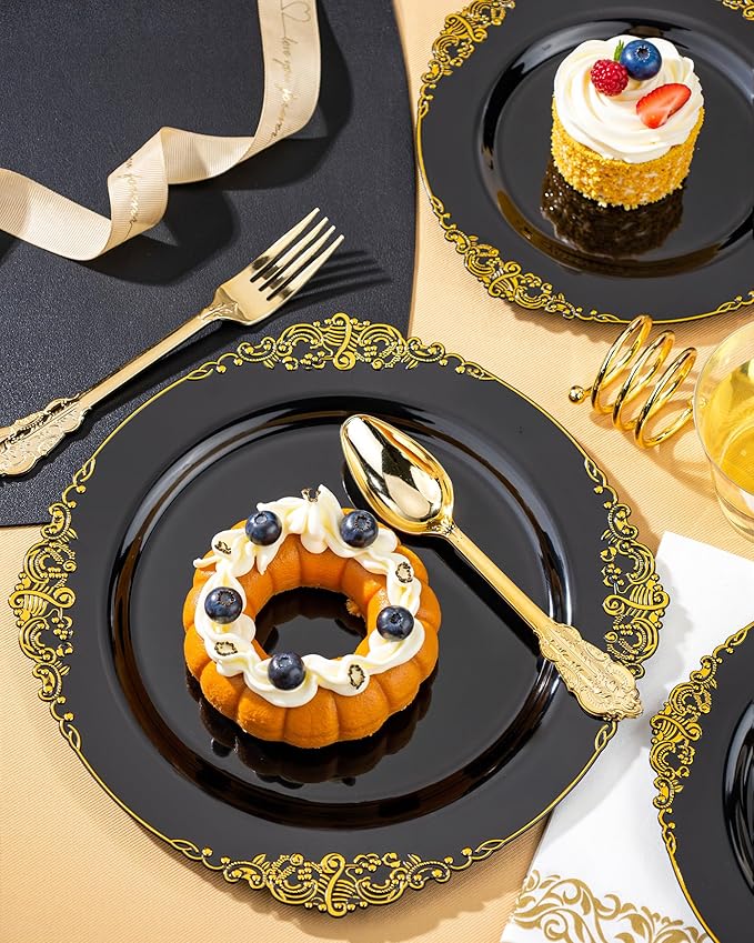 Nervure 350PCS Black Plastic Plates - Black Plastic Dinnerware Sets for 50 Guests - 100 Disposable Plates, 150 Gold Silverware, 50 Cups, 50 Napkins for Wedding & Party & New Year