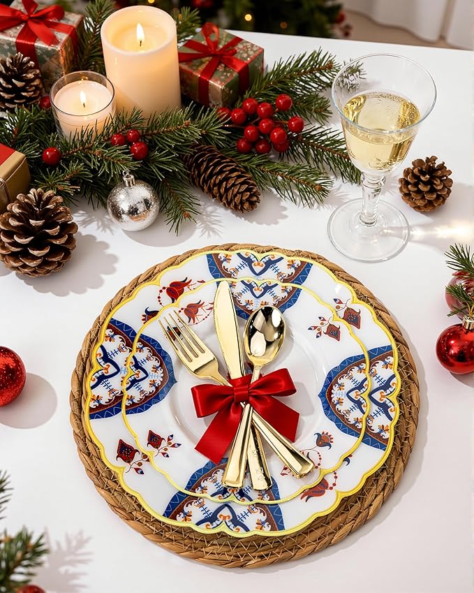 Morejoy 60pcs Plastic Disposable Plates Set - White Plastic Plates Featuring Classic Blue and Russet Floral Design With Gradient Gold Rim, 10.25 Dinner & 7.5 Dessert Plates for Wedding & Party