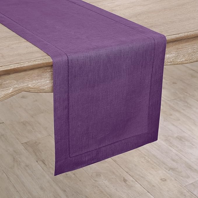 Solino Home Linen Purple Table Runner 36 Inches - Classic Hemstitch, 100% Pure Linen Coffee Table Runner 14 x 36 Inch Ideal for Dresser Tables - Winter, Spring, Easter, Valentines