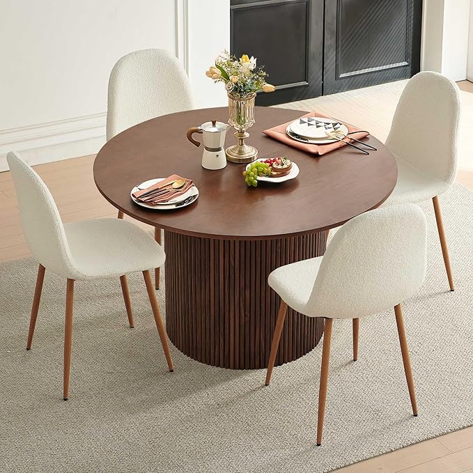 Dining Table Set for 4, Mid Century Modern 47 Inch Wooden Round Dining Table Set, Space Saving (Table + 4 White Chairs)