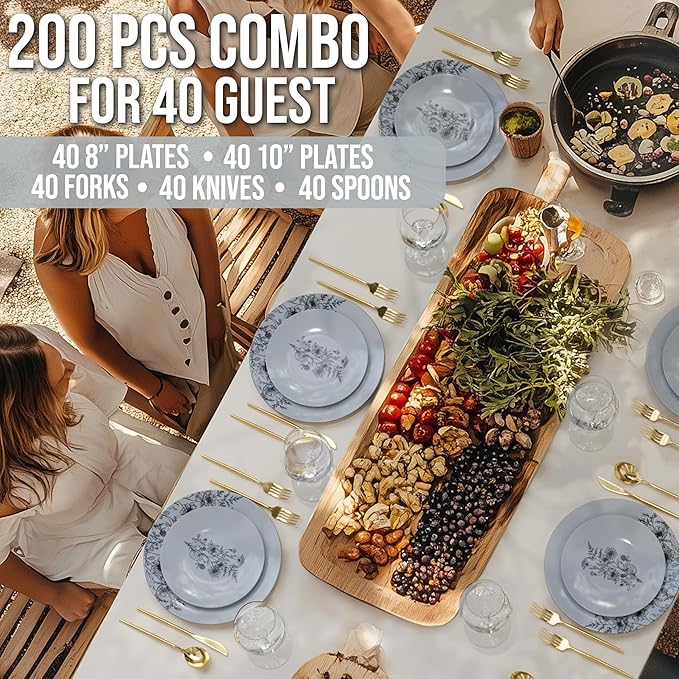 Trendables Fancy Plastic Dinnerware Sets 200 Pc 40 Guests Gold Silverware Disposable 40 X 10 Inch Charger Plates 40 X 8 Inch Dessert Plates 40 x Gold Plastic Forks and Spoons Knives In Dandelion Bloom