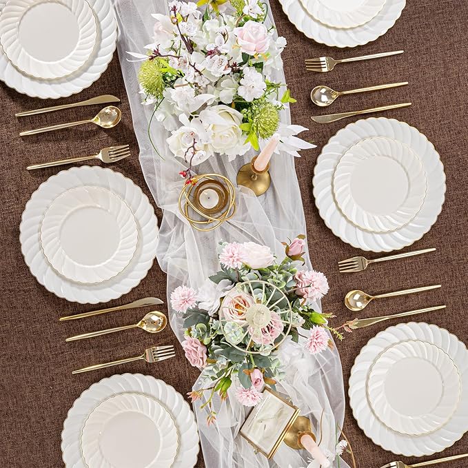 U-QE 60 Pcs Ivory Plastic Plates with Gold Trim – Scalloped Plate Disposable for Party - Elegant Plastic Plates Include 30 10.25" Dinner & 30 7.25" Dessert Plates for Party & Valentines Day