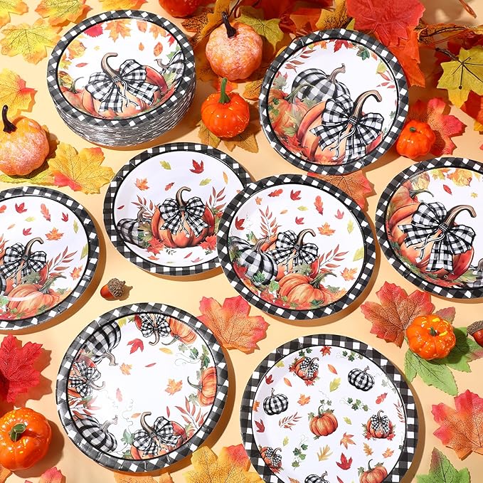 60 Pcs 7 Inch Fall Pumpkin Paper Plates Thanksgiving Black Buffalo Plaid Plates Decorations Orange Pumpkin Leaves Tableware for Thanksgiving Autumn Harvest Birthday Farmhouse Party Supplies