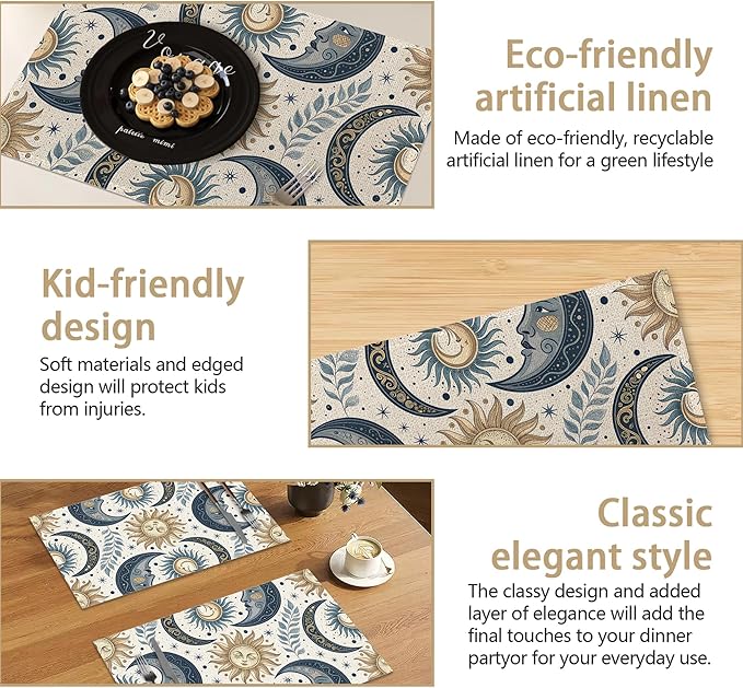 Sun Moon Stars Placemats, Boho Celestial Placemats 12x18 Inch Waterproof Non-Slip Washable Table Mats for Kitchen Dining Party Table Decor,Set of 6