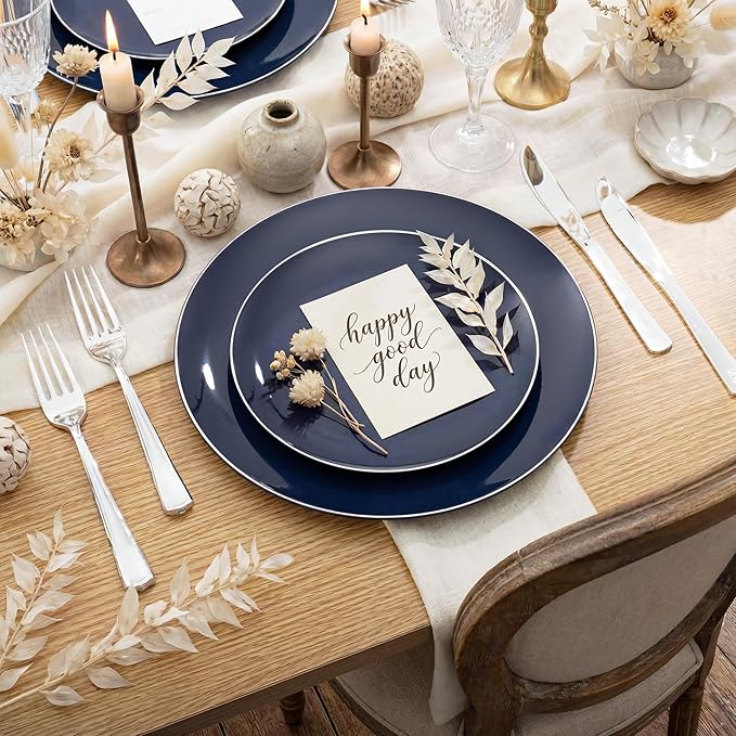KIRE 200PCS Blue Plastic Plates with Silver Rim - Navy Blue Plastic Plates Include 100 Dinner & Dessert Plate - Heavy Duty Dark Blue Disposable Plate for Hanukkah/Parties/Wedding