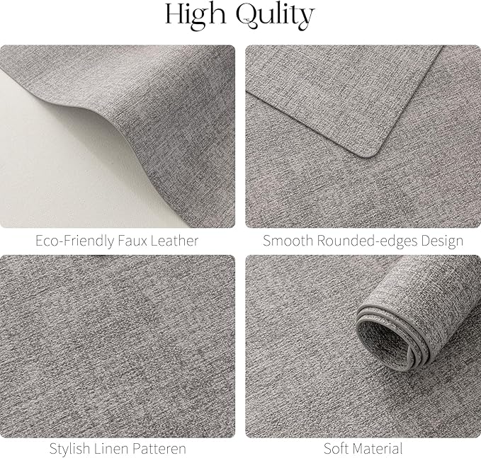 MOSAYT Placemats Set of 8, Heat Resistant Vinyl Place Mats with Coasters, Wipeable Washable 100% Waterproof Oil Proof Faux Leather Table Mats for Kitchen Dining Party Outdoor, 12" x 17", Light Grey