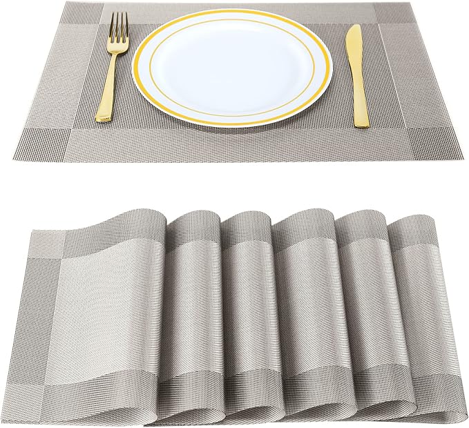 Placemats, Place Mats for Kitchen Dining Table, Heat-Resistant Anti-Skid Stain Washable PVC Table Mats, Easy to Cleaning Woven Vinyl Dinner Mats (Silver, 6 Pack)