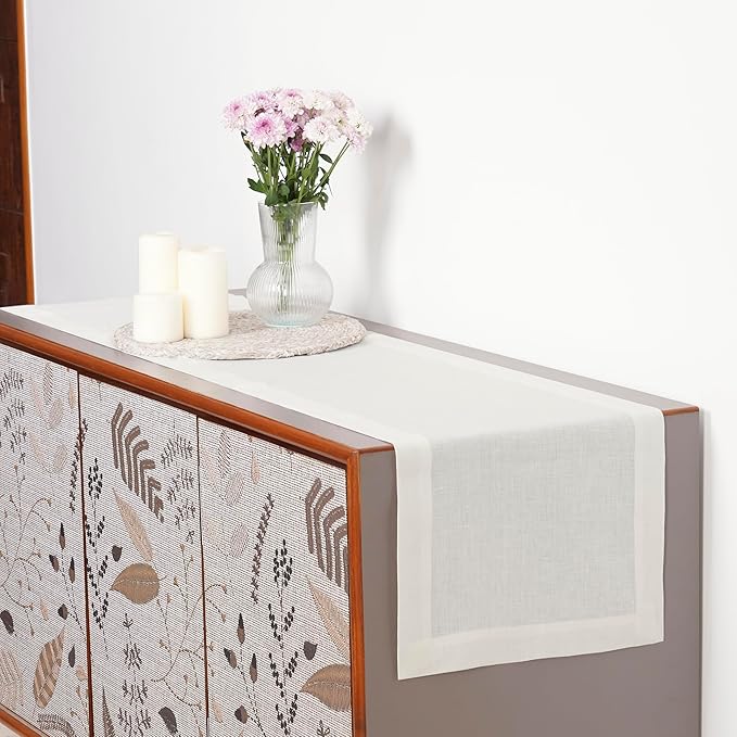 D'Moksha Homes Linen Ivory Table Runner 60 Inches - 100% Pure Linen Short Table Runner 14 x 60 Inch for Coffee Tables, Dresser, Valentines, Spring, Easter - Machine Washable