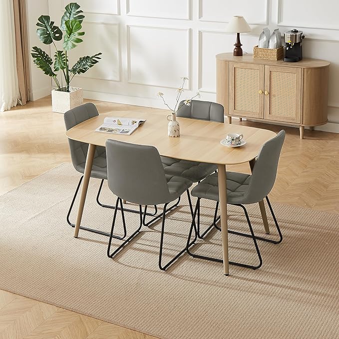 55.1'' Natural Wood Dining Table Set for 4 with Leather Chairs - Easy Assembly 4-Piece Kitchen Table and Chair Set, Scratch-Resistant Waterproof Surface (Modern Farmhouse Style)