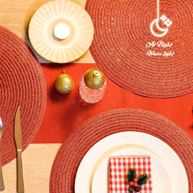 AHHFSMEI Round Braided Placemats 15 Inch Round Table Mats for Dining Tables Natural Woven Heat Resistant Place mats Set of 6 (Red Shine)